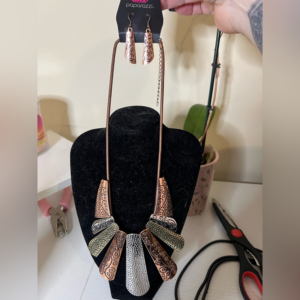 Paparazzi Mixed Metal Copper, Silver & Gold Statement Necklace and Earrings